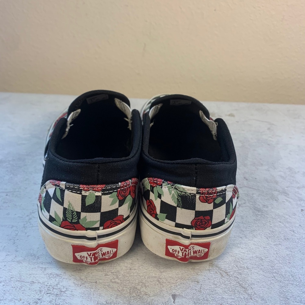 Vans Asher Womens 8 Rose Checkerboard Floral Slip On Sneakers Black White Red - Picture 7 of 10